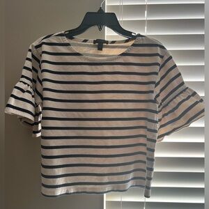 J.crew Navy and White Striped Ruffle-Sleeve Short Sleeve Top NWT Size S